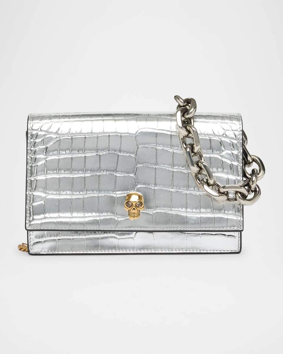 Skull Metallic Croc-Embossed Leather Shoulder Bag